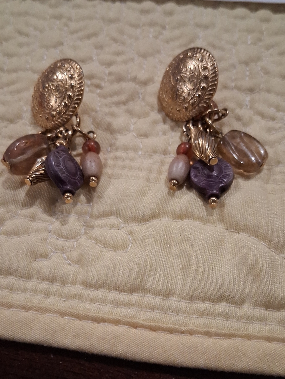 Gold-Tone Dangle Earrings with Purple and Cream Beads Pierced